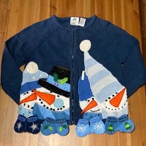 Tiara Vintage Applique Snowmen Blue Christmas Holiday zip-up sweater